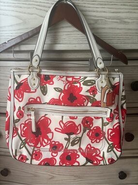 Coach Poppy Hallie Floral Print White and Red Tote Bag Y2K Summer Statement